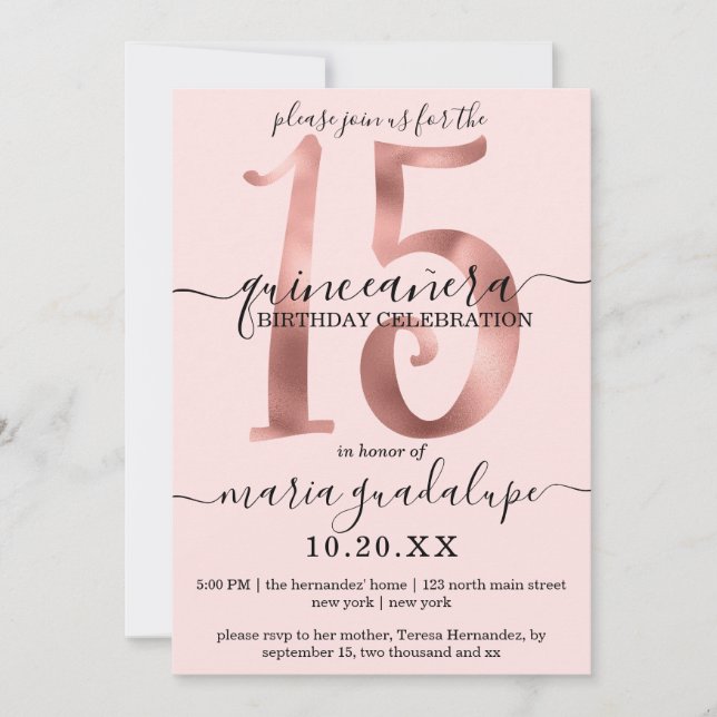 Girly Chic Faux Rose Gold Blush Pink Quinceañera Invitation (Front)