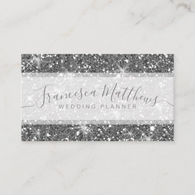 Girly Chic Faux Silver Glitter Script Swashes Business Card (Front)