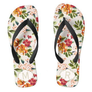 Girly Chic Floral Pattern with Monogram Name Flip Flops