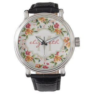 Girly Chic Floral Pattern with Monogram Name Watch