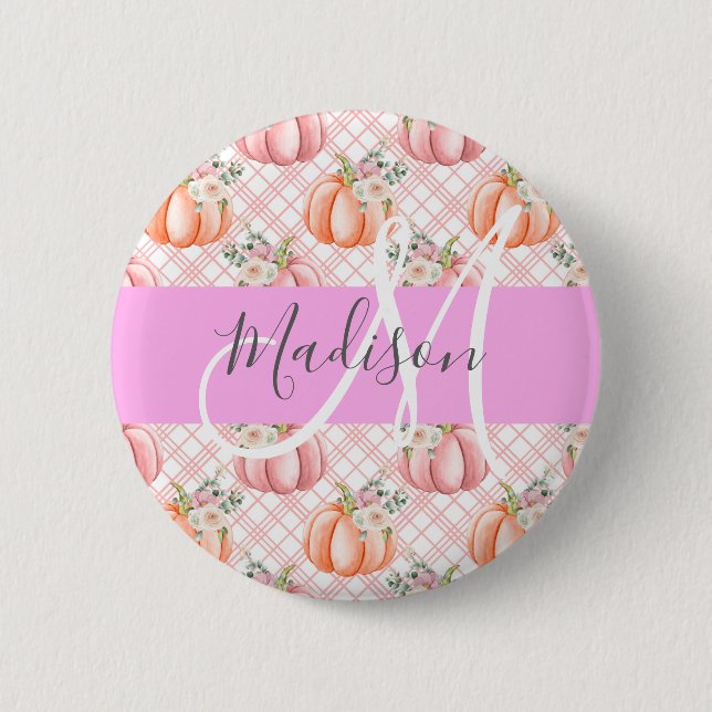Girly Chic Floral Pink Peach Pumpkin Monogram Name 2 Inch Round Button (Front)