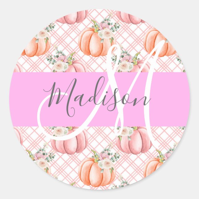 Girly Chic Floral Pink Peach Pumpkin Monogram Name Classic Round Sticker (Front)