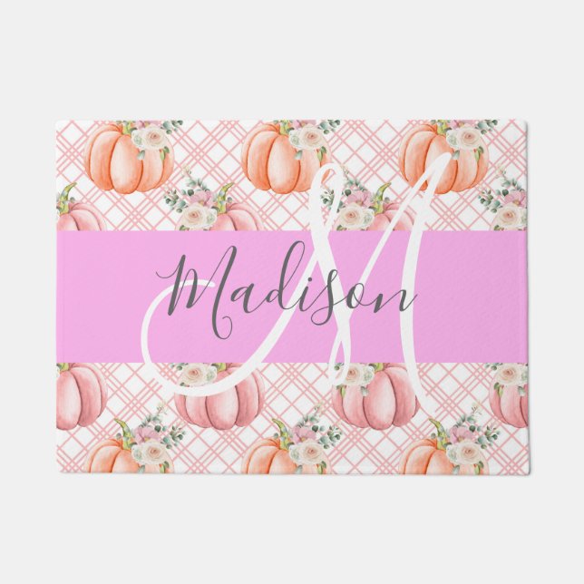 Girly Chic Floral Pink Peach Pumpkin Monogram Name Doormat (Front)