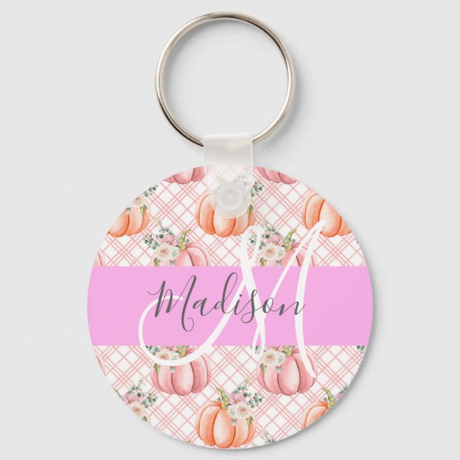 Girly Chic Floral Pink Peach Pumpkin Monogram Name Keychain (Front)