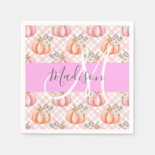 Girly Chic Floral Pink Peach Pumpkin Monogram Name Napkin
