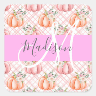 Girly Chic Floral Pink Peach Pumpkin Monogram Name Square Sticker