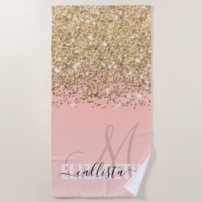 Girly Chic Gold Confetti Pink Gradient Monogram Beach Towel (Front)