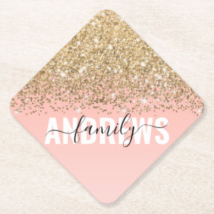 Girly Chic Gold Confetti Pink Gradient Monogram Paper Coaster