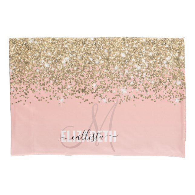 Girly Chic Gold Confetti Pink Gradient Monogram Pillowcase (Front)