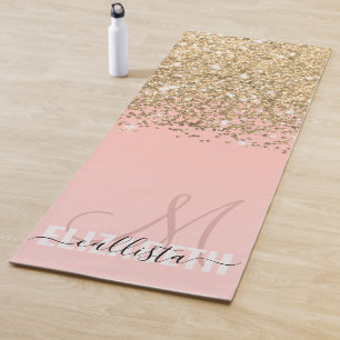 Girly Chic Gold Confetti Pink Gradient Monogram Yoga Mat