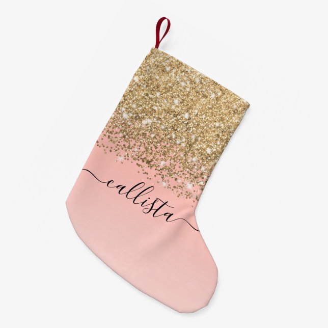 Girly Chic Gold Confetti Pink Gradient Ombre Small Christmas Stocking (Front (Hanging))