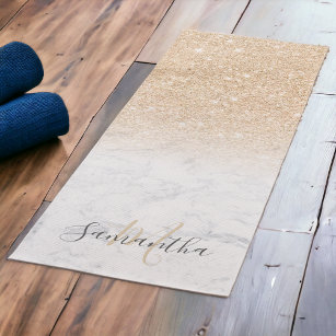 Girly chic gold glitter ombre marble monogrammed yoga mat