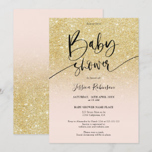 Girly chic gold glitter ombre pink baby shower invitation