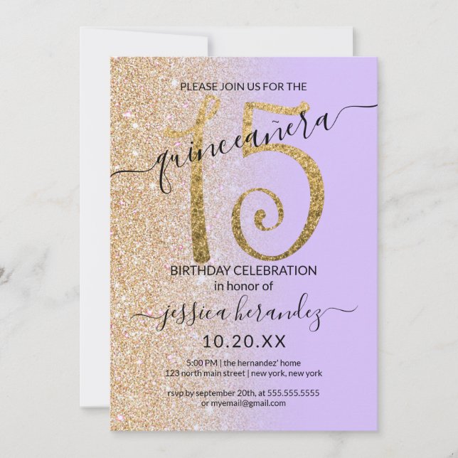 Girly Chic Lavender Gold Glitter Ombre Quinceañera Invitation (Front)