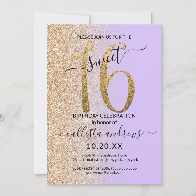 Girly Chic Lavender Gold Glitter Ombre Sweet 16 Invitation (Front)