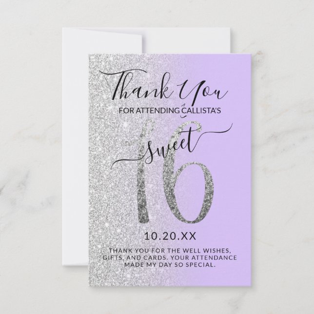 Girly Chic Lavender Silver Glitter Ombre Sweet 16 Thank You Card (Front)
