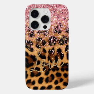 Girly Chic Leopard Pink Gold Glitter Love iPhone 15 Pro Case