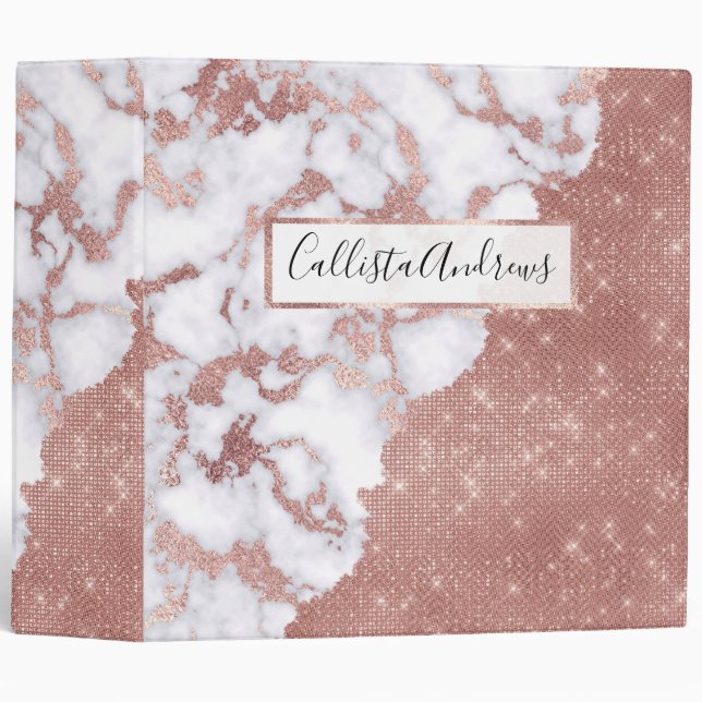 Girly Chic Modern Rose Gold Glitter Marble Pattern Binder (Front/Spine)