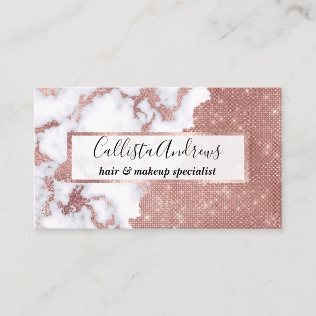 Girly Chic Modern Rose Gold Glitter Marble Pattern Business Card (Front)