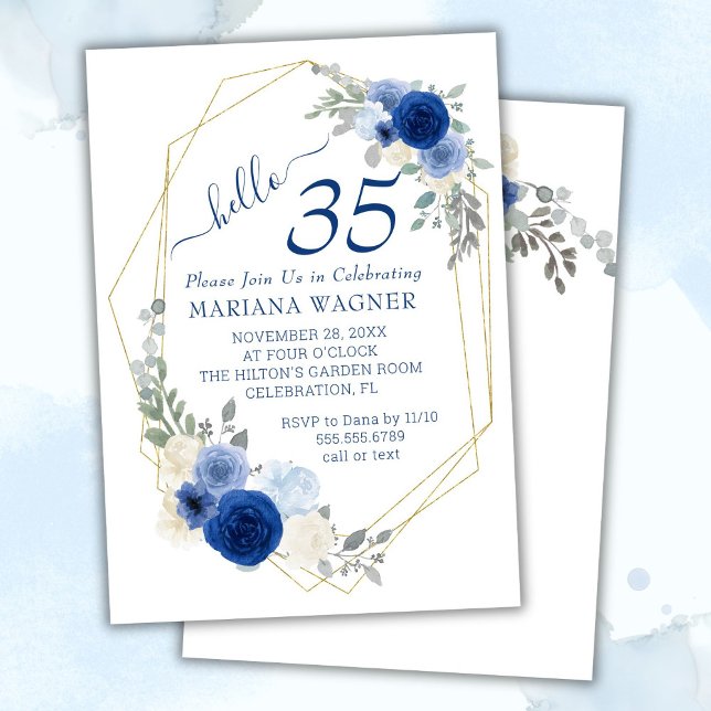 Girly Chic Navy Blue Floral 35th Birthday Invitation (Creator Uploaded)