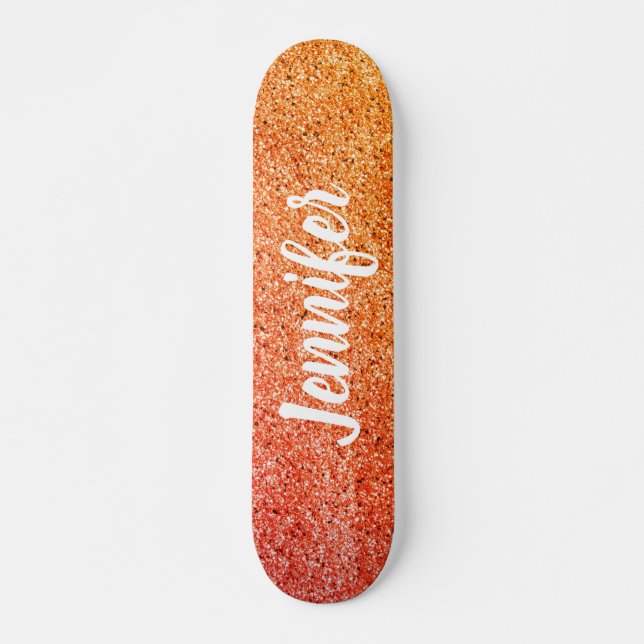 Girly Chic Orange Yellow Glitter Personalized Kids Skateboard (Front)