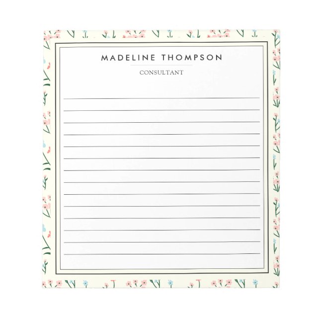 Girly Chic Pastel Pink Blue Flowers Pattern Lined Notepad (Front)