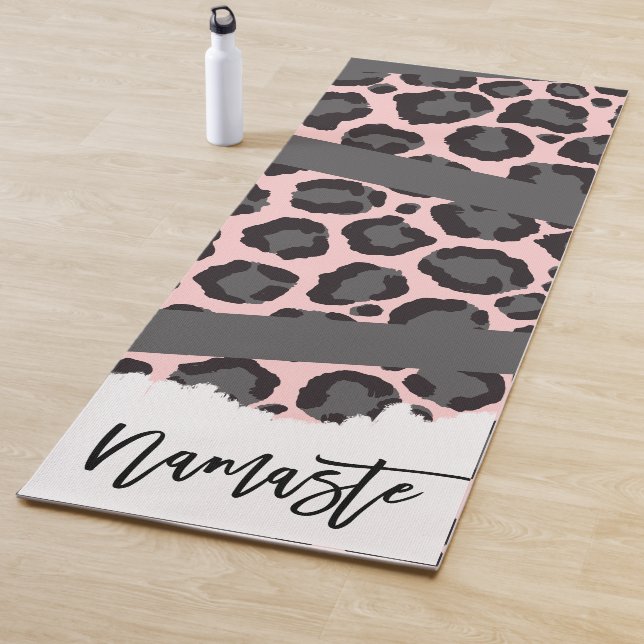 Girly Chic Pink Black Grey Leopard Cheetah Print Yoga Mat (In Situ)
