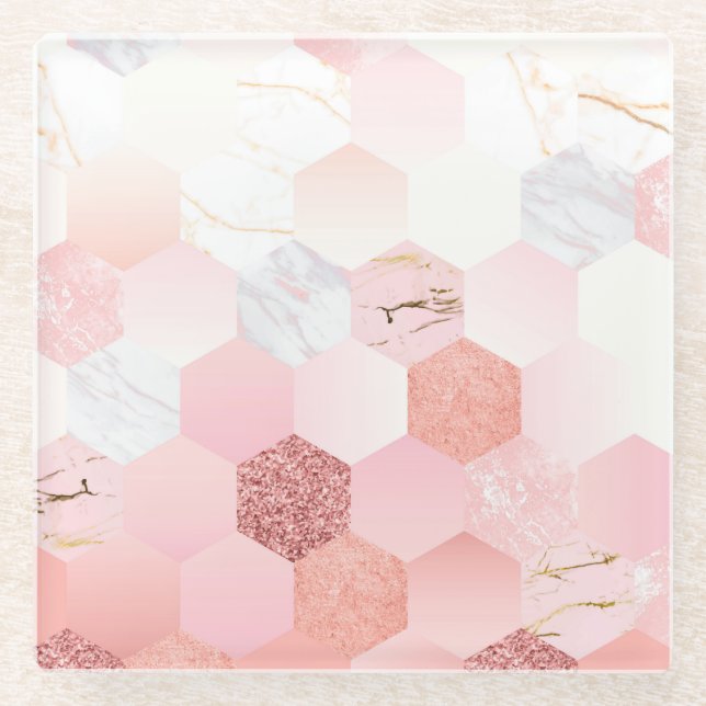 Girly Chic Pink Glitter Marble Geometric Pattern Glass Coaster (Front)