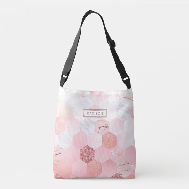 Girly Chic Pink Glitter Marble Personalized Name Crossbody Bag (Back)