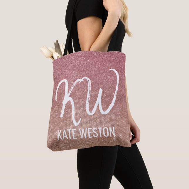 Girly Chic Pink Gold Glitter Ombre Monogram Tote Bag (Close Up)