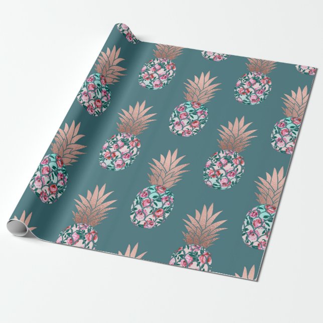 Girly Chic Rose Gold Floral Pineapples Teal Green Wrapping Paper (Unrolled)