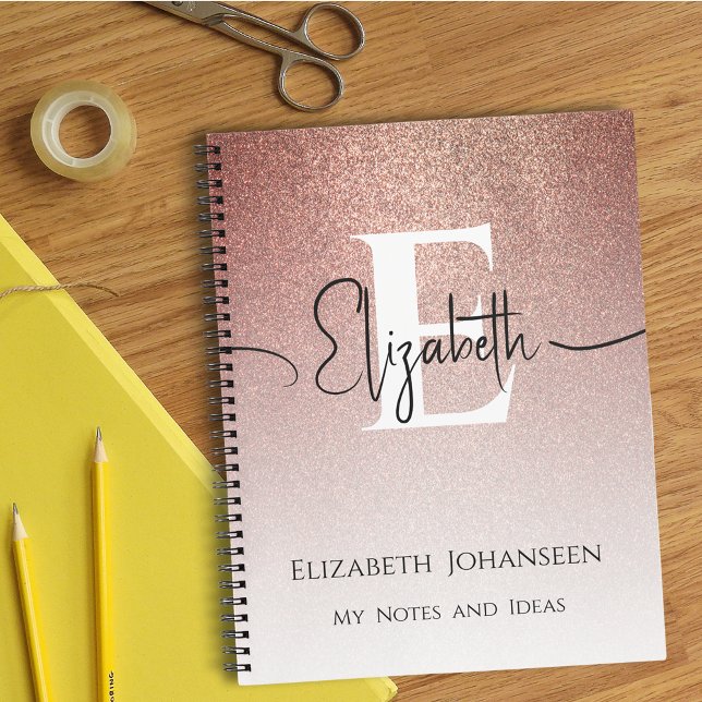 Girly Chic Rose Gold Glitter Elegant Monogrammed Notebook (Creator Uploaded)