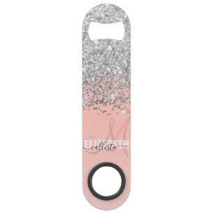 Girly Chic Silver Confetti Pink Gradient Monogram Bar Key
