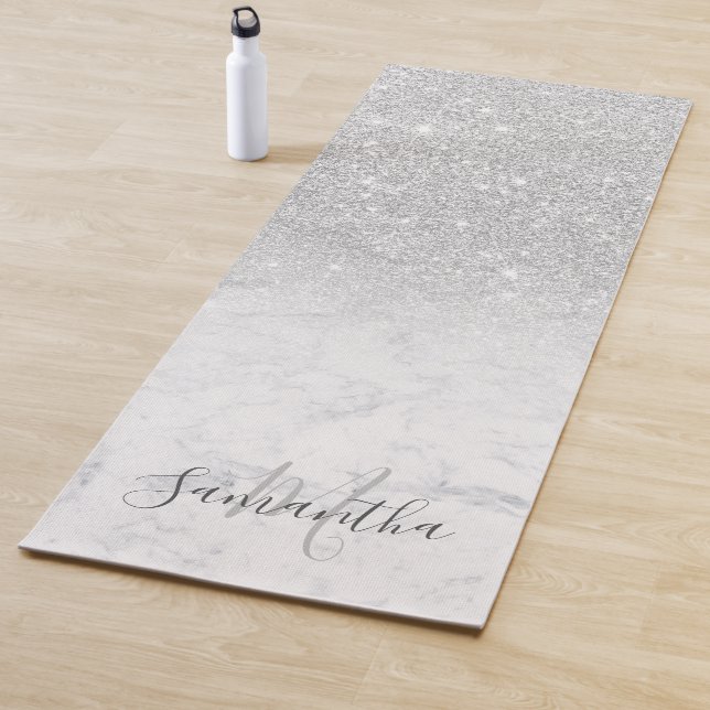 Girly chic silver glitter ombre marble monogrammed yoga mat (In Situ)