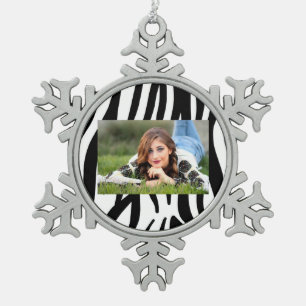 girly chic stylish black white zebra print snowflake pewter christmas ornament