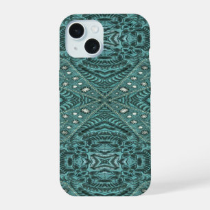 girly chic teal turquoise tooled leather pattern iPhone 15 case