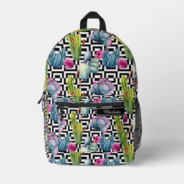Girly Chic Watercolor Exotic Wildflower Cactus Printed Backpack (Front)