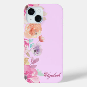 Girly Chic Watercolor Floral -Personalized iPhone 15 Case