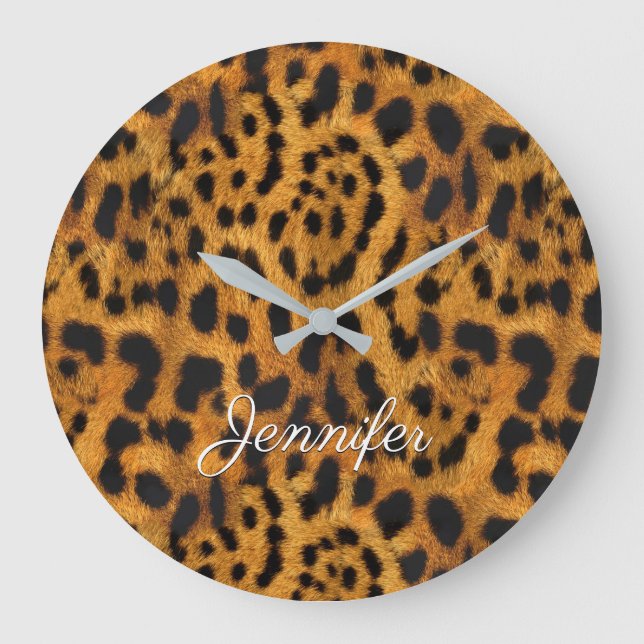 Girly Chic Wild Jaguar Skin Print Name Customized Large Clock (Front)