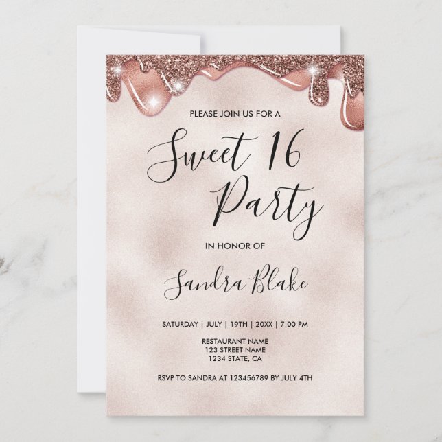 Girly chocolate drips rose gold sweet invitation (Front)
