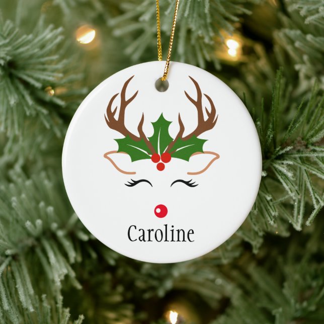 Girly Christmas Reindeer red nose holly mistoe Ceramic Ornament (Tree)