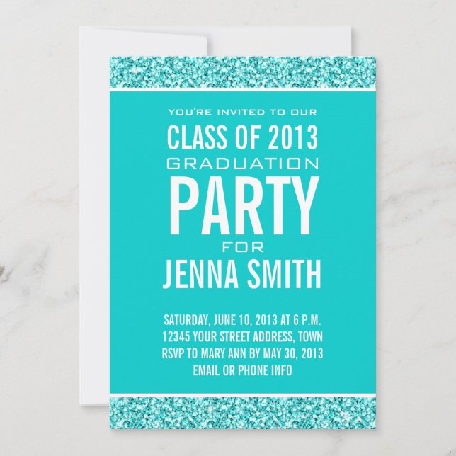 GIRLY CLASS OF 2013 PHOTO, TEAL GLITTER, PARTY INVITATION (Front)