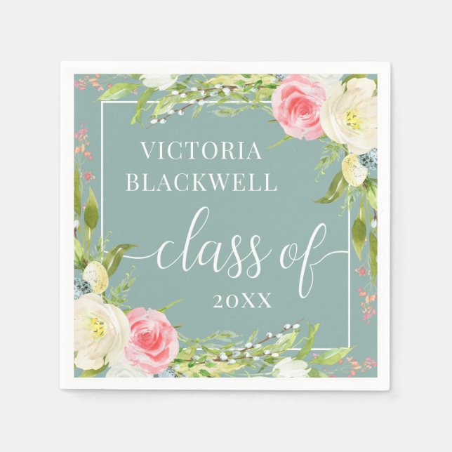 Girly Class of 2022 Greenery Flowers Graduation Napkin (Front)