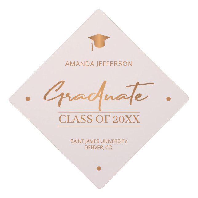 Girly class year and school copper trendy script graduation cap topper (Front)