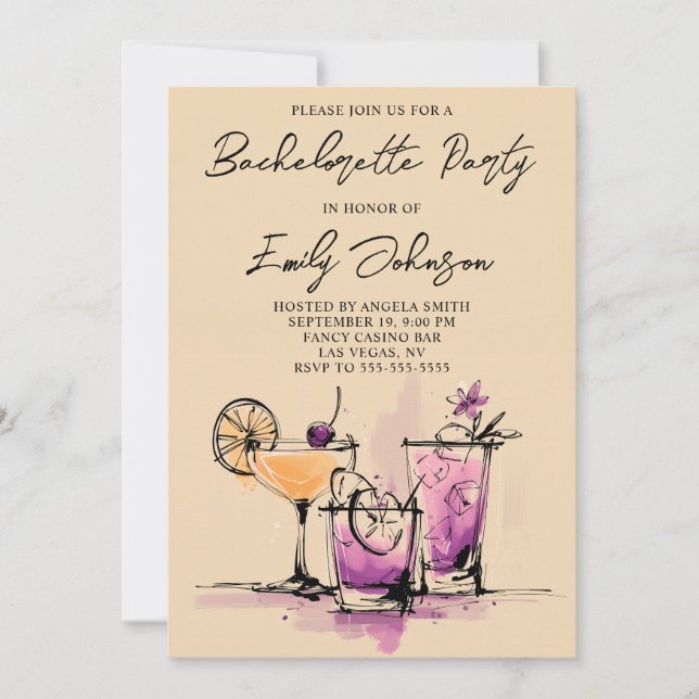 Girly Cocktails Illustration Bachelorette Party Invitation (Front)