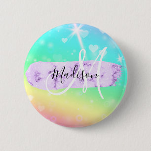 Girly Colorful Unicorn Rainbow Hearts Monogram 2 Inch Round Button