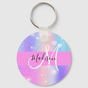 Girly Colorful Unicorn Rainbow Hearts Monogram Keychain