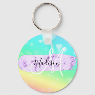 Girly Colorful Unicorn Rainbow Hearts Monogram Keychain