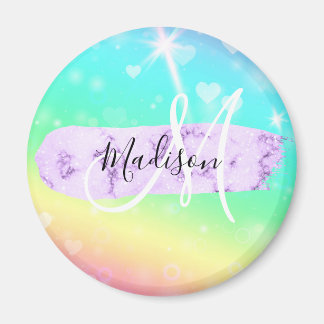 Girly Colorful Unicorn Rainbow Hearts Monogram Magnet