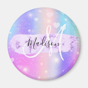 Girly Colorful Unicorn Rainbow Hearts Monogram Magnet